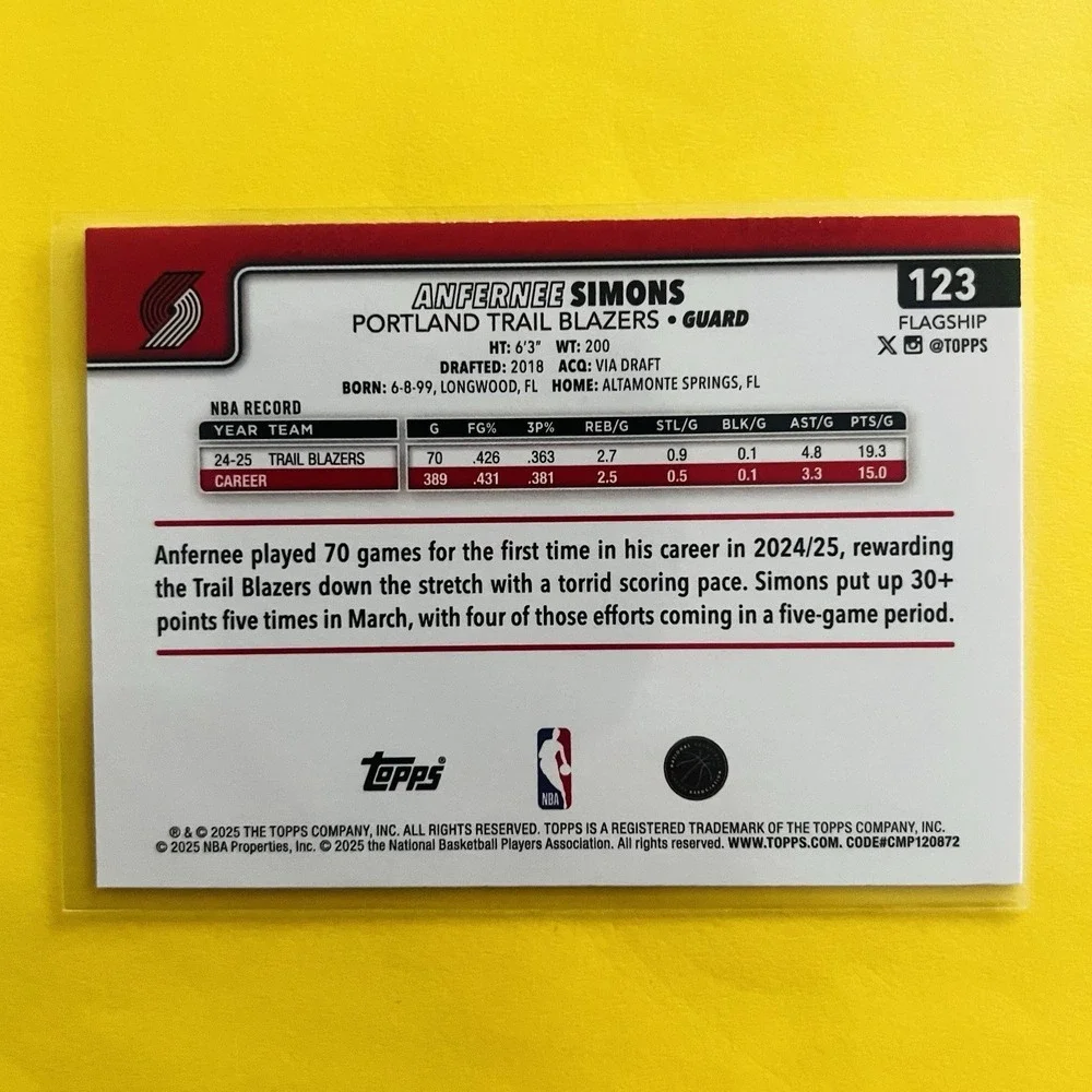 2025-26 Topps Flagship Anfernee Simons #123 Portland Trail Blazers Base‎
